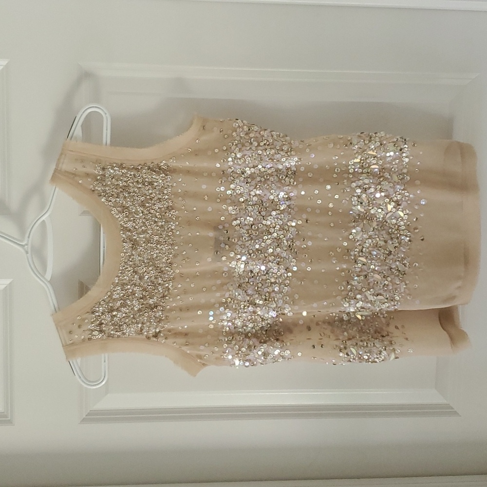 Gray Saks Fifth Avenue Beige Sequin Sheer Blouse Lace Up Back Size S